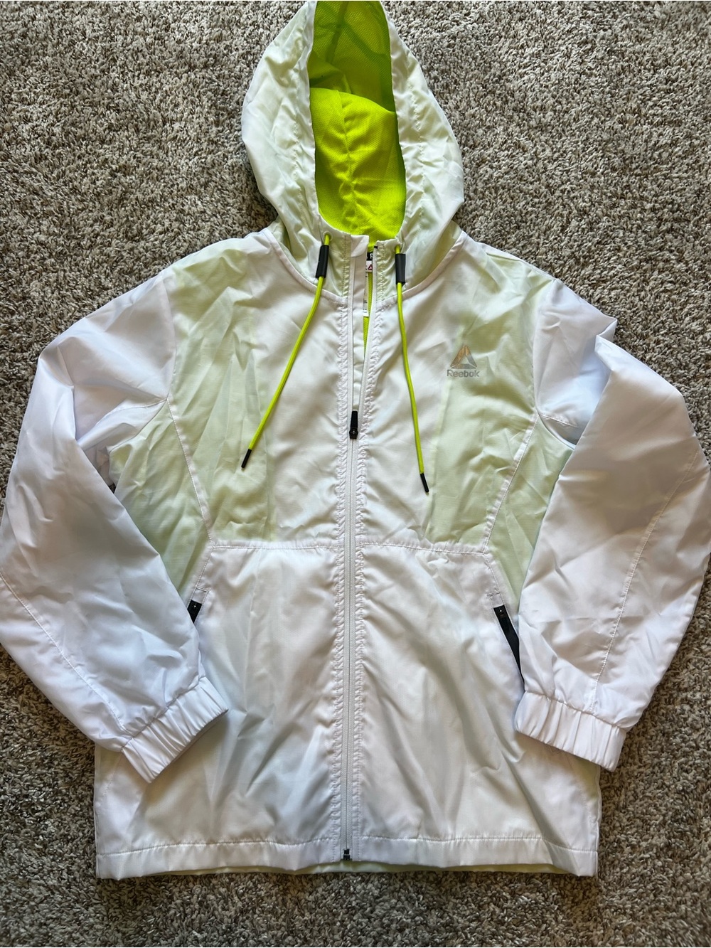 Reebok Lightweight Hooded Windbreaker Jacket White and Neon Lime Sz M